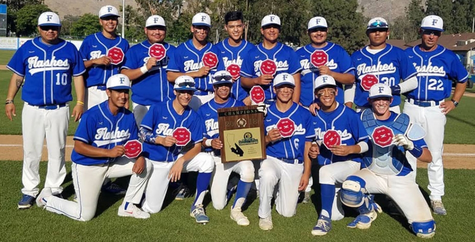 On Saturday, June 2nd the Fillmore Flashes Boys Baseball team traveled to UC Riverside to take on Trinity Classical for the Division 7 CIF Southern Section Championship game. After a hard fought game the team defeated Trinity Classical 7-4, giving the Flashes the title ‘CIF Champs’. The Flashes Boys Baseball last CIF title win was 1988. Congratulations to the Flashes for adding yet another CIF title to this year’s Fillmore High School record books.