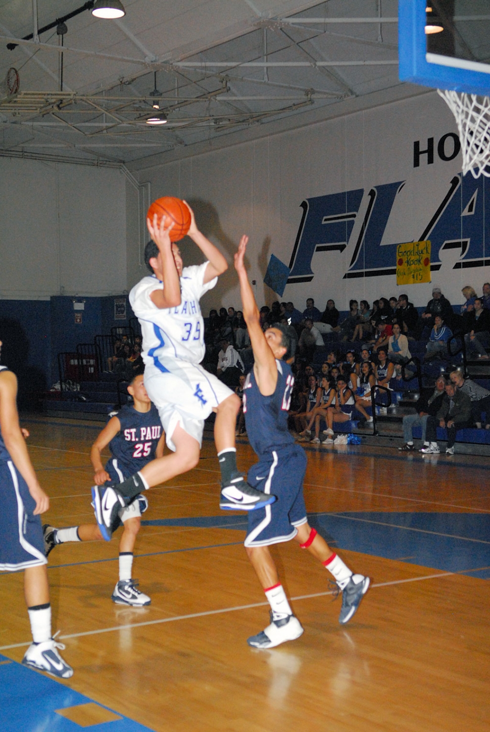 In the 1st Round CIF-SS game Division 4A Fillmore won 72-46. (pictured above) Chris De La Paz scored 8 points, 2 rebounds. Fillmore played solid defense all game and shot the ball well (31-52 from the floor). Angel Barajas scored 14 points, 11 rebounds, 4 assists. Corey Cole scored 13 points, 4 steals. Flashes Overall Record 18-8. Frontier League 8-2 (2nd place). Playoffs Record: 1-0.