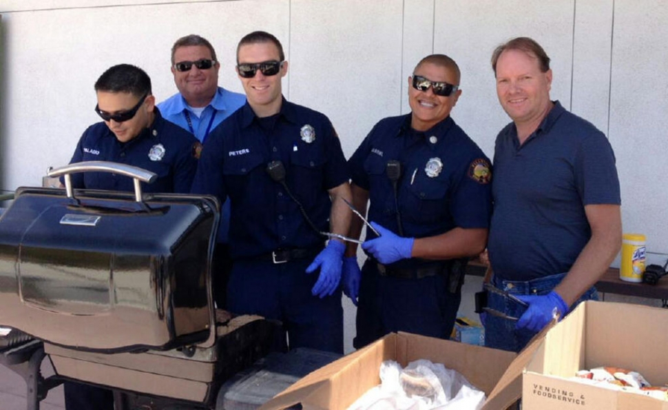 (l-r) Firefighter Palacios, Captain Wareham, Firefighter Peters, Firefighter Gabriel, Scott Beylik. Fillmore Sheriff’s Department Captain Dave Wareham, Scott Beylik and Fillmore Fireman Mr. Peters, Mr. Palacios &  Mr. Gabriel BBQ for Sierra High School staff and students on June 12, 2014. We would like to personally thank Captain Wareham and Chief Landeros for their continued support of our program and for their great leadership.