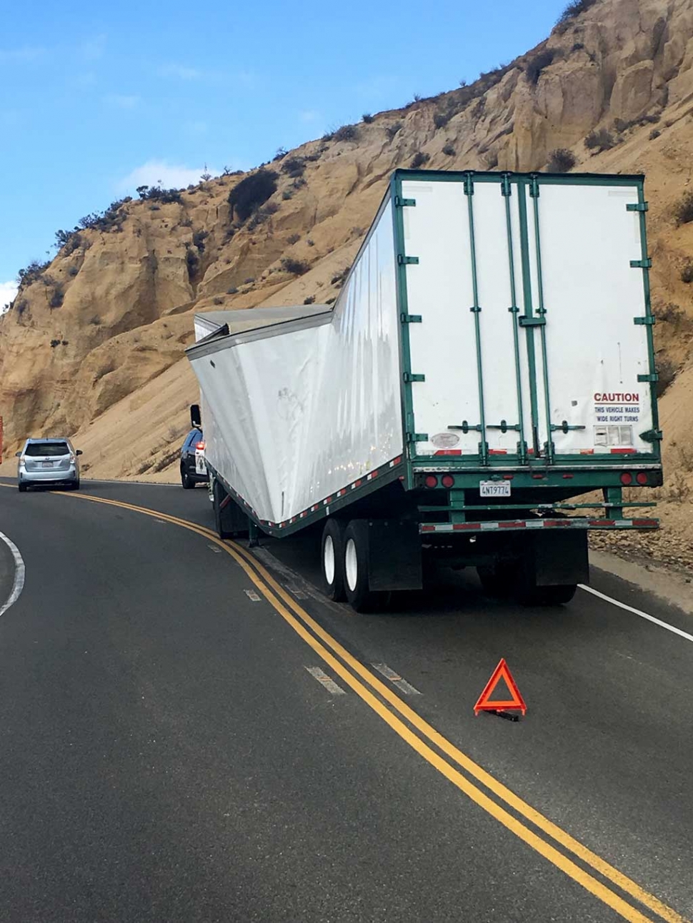 At approximately 12:45 PM the CHP’s Ventura Communications Center began receiving calls of a “big-rig” blocking traffic lanes, State Route 23 (Grimes Canyon Road), near the rock quarry. CHP Moorpark Area personnel responded and worked to clear a disabled truck/trailer combination from the northbound lane. State Route 23 at this location is a two-lane roadway, one lane in each direction. 
