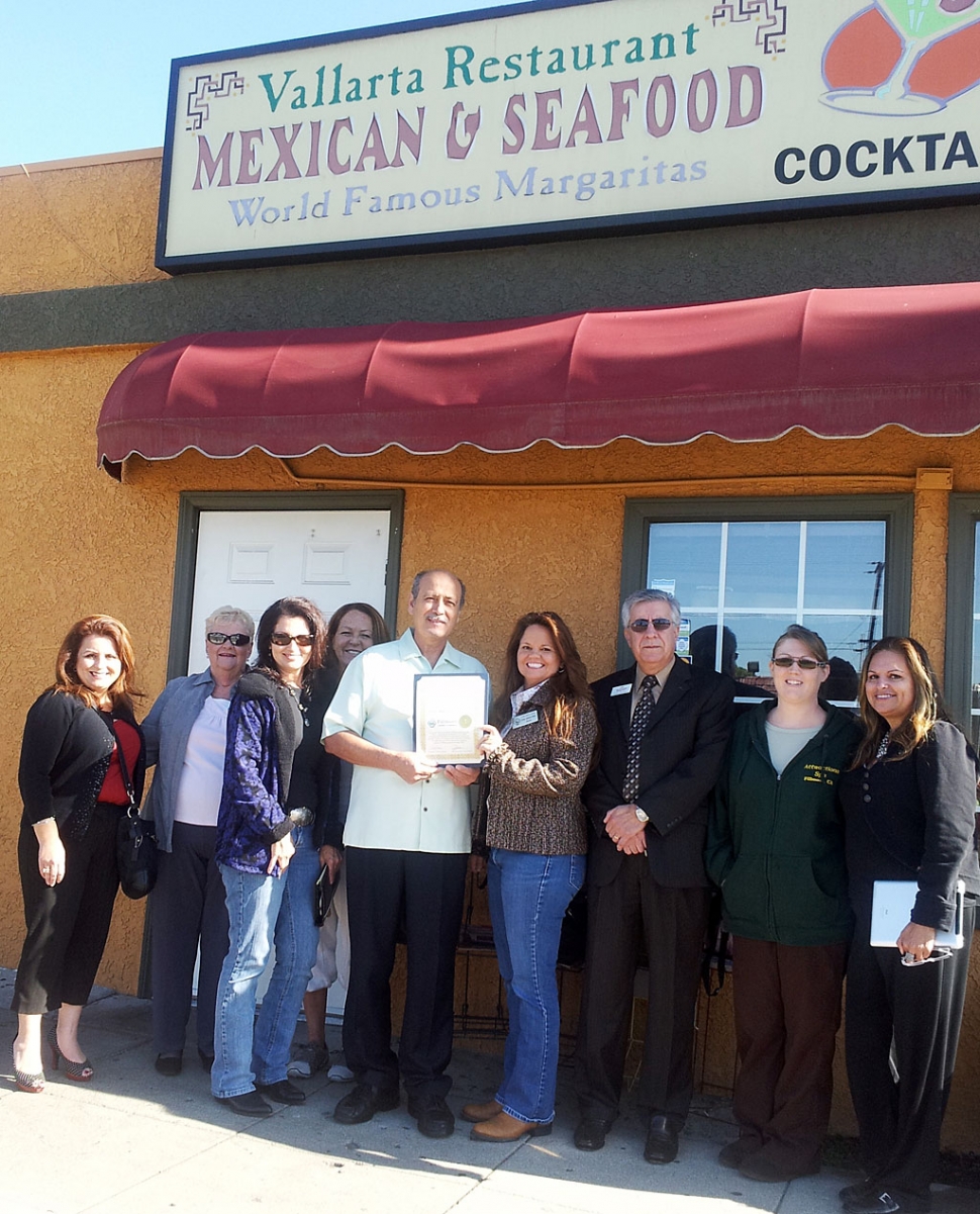 Vallarta's Restaurant is the Fillmore Chamber of Commerce Business of the Month for November. Pictured (l-r) Board Directors from the Fillmore Chamber of Commerce: Theresa Robledo, Evelyn Hasty Administrative Assistant, Rosa Martel Sales and Membership Director, Brenda Ortiz,  owner Jose Melgoza,  presenting certificate President Cindy Jackson, Carlos Martinez, April Hastings, and Ari Larson.