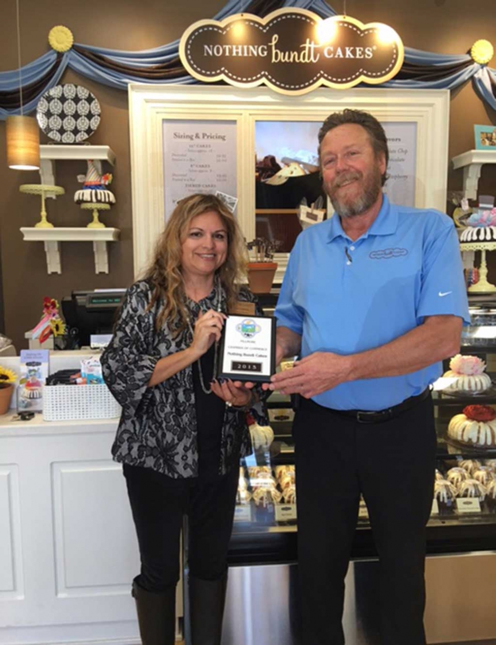 Welcome to our Fillmore Chamber member Nothing Bundt Cakes (1794 S. Victoria Ave.) in Ventura. They have ten cake flavors to choose from and forty unique cake designs. They also feature gifts and cards. Ari Larson from the Fillmore Chamber of Commerce hands Tom Downey the membership plaque.