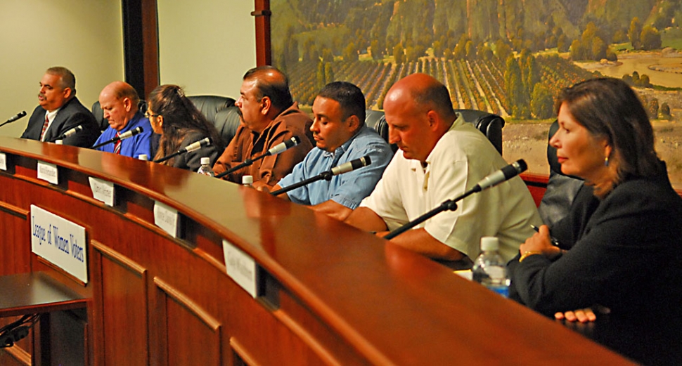 The League of Women Voters along with the Fillmore Gazette co-sponsored a city council candidates forum with the cooperation of the City of Fillmore on Tuesday, October 21, 2008. Seven of the eight candidates participated. Pictured l-r are Mayor Steve Conaway, Norris Pennington, Councilmember Cecilia Cuevas, Marcoz Hernandez, Omero Martinez, Royce Davis Jr., and Gayle Washburn. Jayme Brooks was on a family vacation in Hawaii and therefore unable to attend.