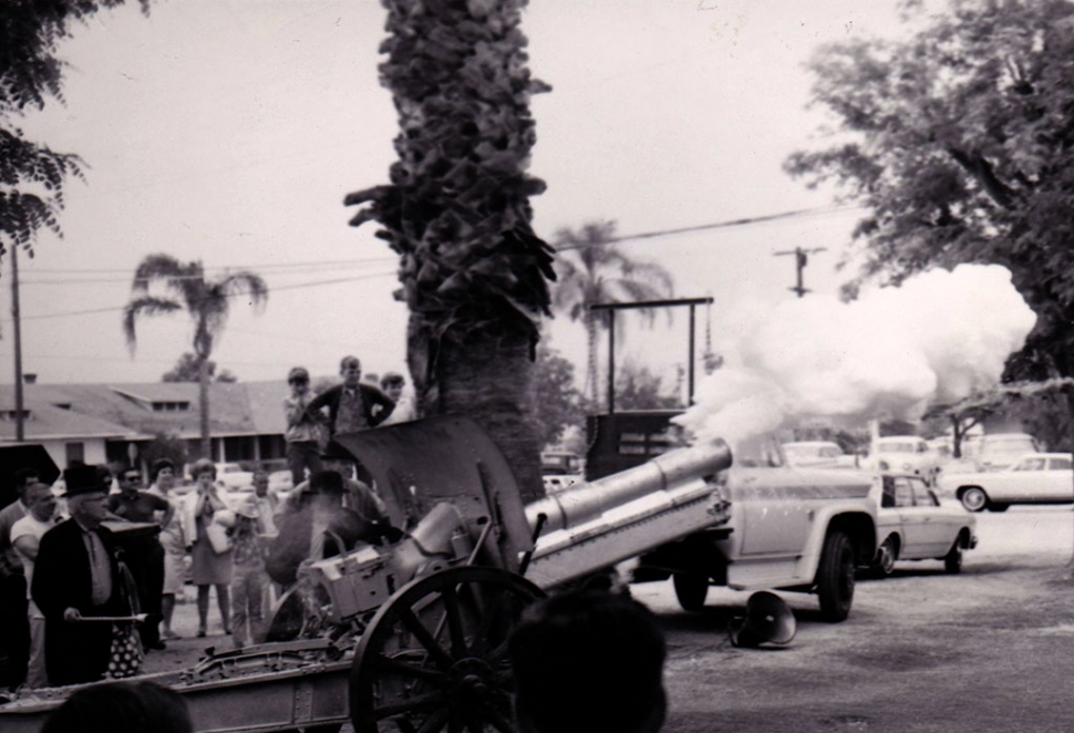 The Veterans Service Club formed in 1927 in Fillmore, and in July 1928 the Veterans Service Club ordered a cannon as a gift to Fillmore from the Rartian Arsenal in New Jersey. Pictured above is Len Hawthorn firing the Howitzer in 1979.