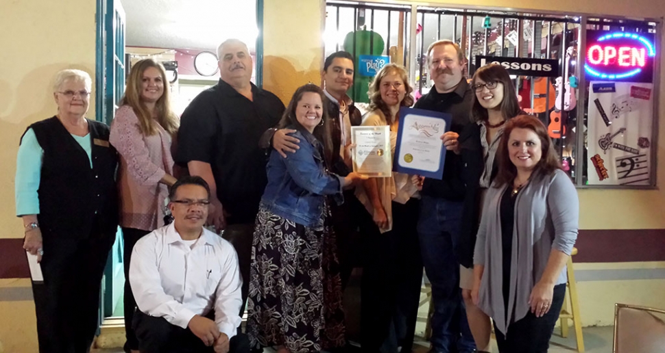 Fillmore Chamber of Commerce business of the month for September is Central Music. Owners Rick and Christie Neal celebrated 5 years in business this month. (l-r) Evelyn Hasty Chamber Administrative Assistant, Ari Larson 1st VP Chamber of Commerce, kneeling is Martin Guerrero 2nd VP Chamber of Commerce, Steve Conway City Council member, Cindy Jackson Chamber President, Manuel Minjares City Councel member, Christie Neal Owner, Rich Neal Owner, Amisha De Young-Dominguez representing Assembly Member Das Williams 37th Assembly District, and Theresa Robledo Chamber Board Director.