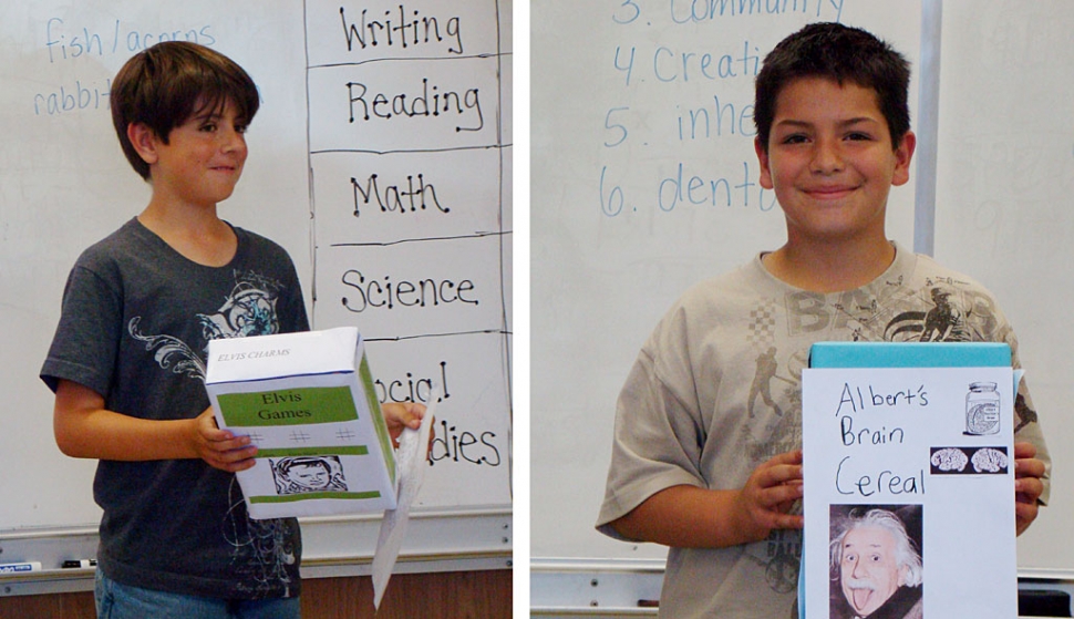 Throughout the first quarter, at San Cayetano Elementary, the students in Mrs. Goldner’s class studied one hundred influential people of the last millennium. The students chose one person to do their cereal box report on. The creativeness and variety of the reports were impressive. Some of the chosen included: Elvis Presley, Albert Einstein, Rachel Carson, The Beatles, Abraham Lincoln, and Pablo Picasso. Pictured (r-l) are Roman Tarango, grade 5, and Ian Overton, grade 5, with their “homemade” cereal boxes.