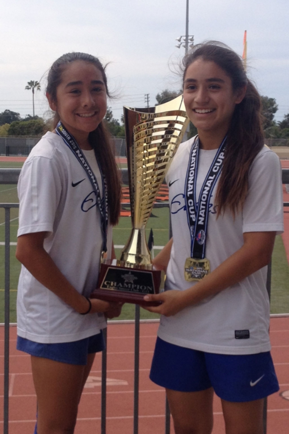 (l-r) Valerie Tobias and Jalynne Magana. Eagles girls U13 soccer club defeated Legends 2-1 Sunday 03/15/2015 in the championship game at Ventura College Sportsplex and captured the National Cup title and will be advancing to Far West Regional Championship games that will be held Boise Idaho late June 2015.  Club is composed players from Camarillo, Ventura, Oxnard, Newbury park, Pasadena and these to ladies from Fillmore.