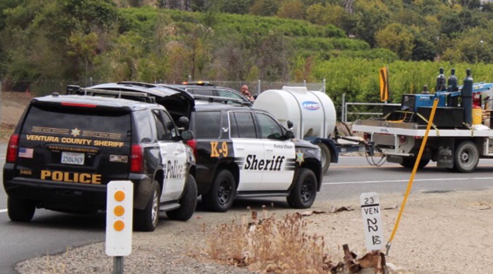 On April 22nd at 1:02pm, Ventura City Police Department was dispatched to a stolen vehicle located at Wells Road and Cirus Drive in Ventura. At approximately 1:45pm CHP was behind the stolen vehicle on Ventura Street and A Street in Fillmore. Four minutes later vehicle was eastbound at Ventura Street and Mountain View. At 1:59pm CHP were in pursuit, with subject located westbound at Guiberson Road, passing Auto & Sons Nursery. CHP had spike stripes deployed after canceling the pursuit due to pursued vehicle driving on wrong side of the road at 80 MPH. A Ventura County Sheriff’s Department unit spotted the vehicle southbound on Guiberson and a VCSO unit advised dispatched if their unit could take over pursuit, according to a VCSO watch commander. Stolen vehicle stopped in front of Elkins Ranch and subject fled on foot, northbound towards orchards, and a perimeter was conducted. A Ventura County Sheriff’s Department helicopter was on scene in the area attempting to locate the suspect. During the search a subject was detained by CHP. VCSO handed scene back to CHP. No information was made available on the subject arrest. Info courtesy Ventura County Sheriff’s Department West County traffic. Photos courtesy Angel Esquivel-AE News.