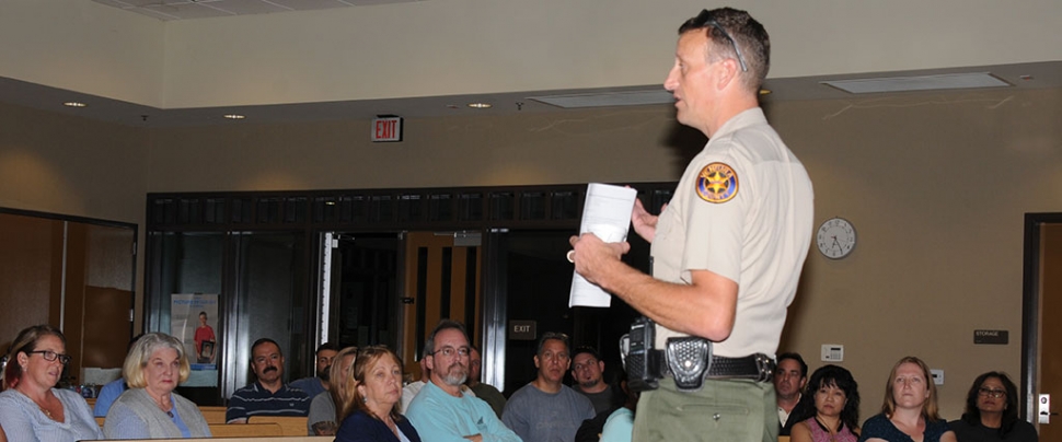 Fillmore Police Chief Eric Tennessen spoke to residents of the Bridges Monday, concerning recent home burglaries. The meeting at Rio Vista Elementary School was well attended. The Chief reminded homeowners of the importance of keeping homes locked always at night and during the day when residents are away. He emphasized the importance of some kind of video coverage as well. The Chief had many helpful ideas for securing neighborhoods against burglars, including neighborhood watch organizations and outdoor lighting. He also emphasized that Fillmore is significantly safer than other county areas.