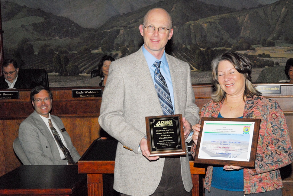 Chris Hook of the American Public Works Association (AWPA) presented to Mayor Patti Walker the Project of the Year award for our new wastewater treatment plant, at Tuesday’s regular council meeting. Honors for plant design were also paid to the city on February 18, at the National Engineers Week Banquet held at the Reagan Library. The Fillmore Wastewater Treatment Plant was recognized as Project of the Year. Seated left, Bert Rapp who was responsible for the entire project.