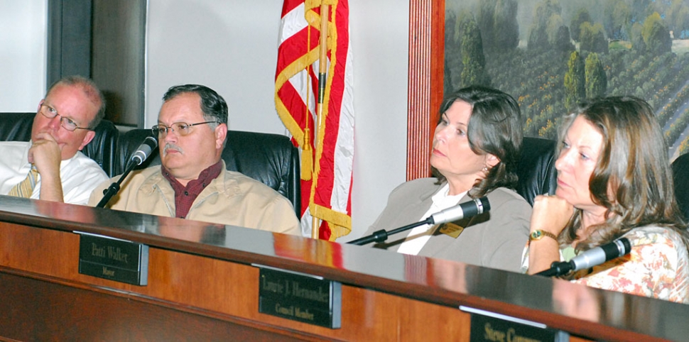 From left to right: Interim City Manager Bill Bartels, Council members Jamey Brooks, Gayle Washburn and Mayor Patti Walker. The three council members glossed over the possible half-million dollar cost of implementing Measure I, which each promoted last November.