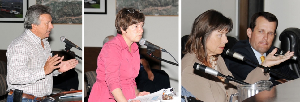 Photos (l-r) Former Mayor Evaristo Barajas told the council that city finances were healthy when they took over. Councilman Jamey Brooks has a habit of blaming past councils for this council’s inept decisions.; City Manager Yvonne Quiring tries to explain the city deficit by using a pennies-in-a-jar demonstration.; Mayor Gayle Washburn had little reaction to Citizen Steve Conaway’s rebuke for her action in telling the city attorney he could no longer attend meetings.