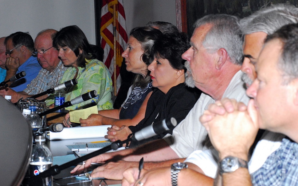 Board members squeezed into the crowded dais at the Fillmore City Council, Veterans Memorial District Joint Board Meeting.