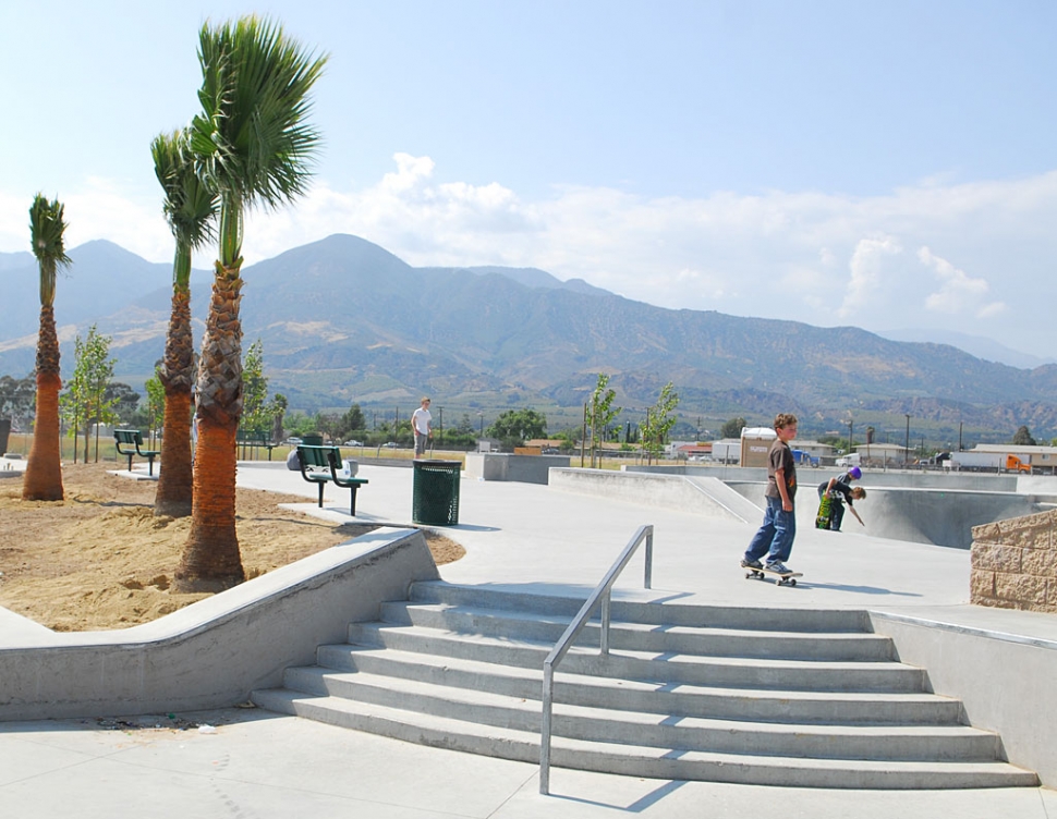 Two Rivers Skate Park is taking shape. Sprinklers were being installed on Tuesday, several varieties of trees have been planted, restrooms are up, and fencing is about to be installed. Shown is the skate portion of the 22-acre park with some newly planted Palms.