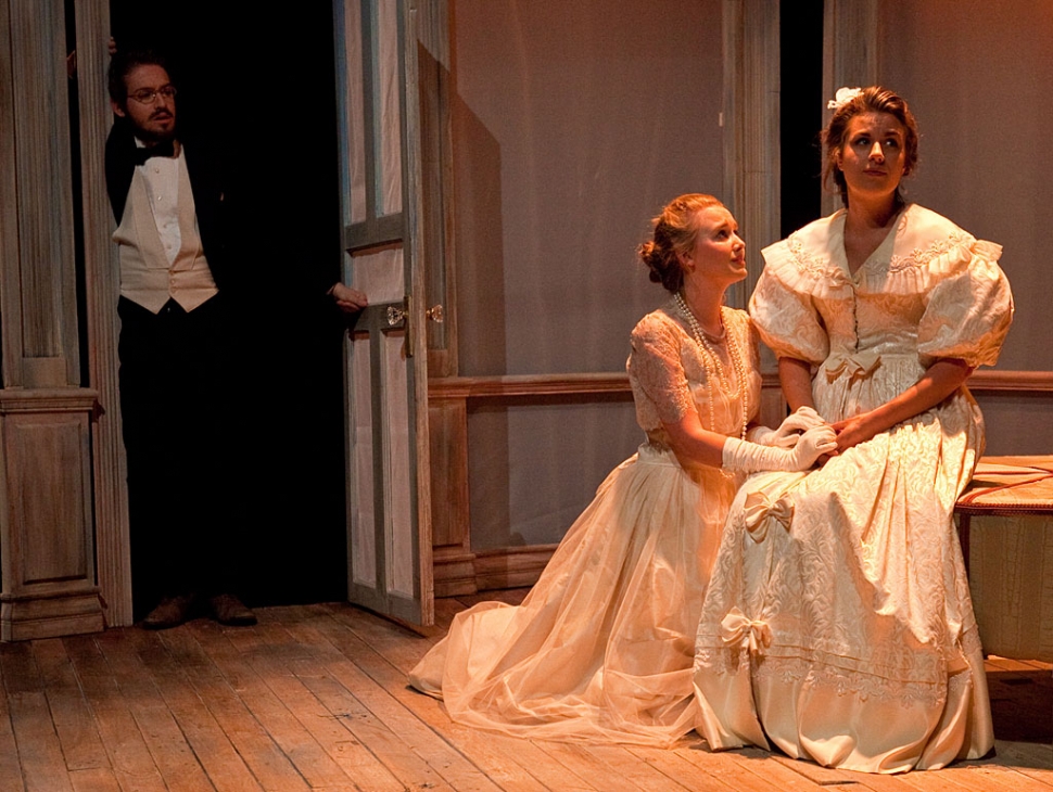 (l-r) The cast of CLU’s “The Cherry Orchard” includes Jordan Skinner as Trofimov, Jessica Butenshon as Anya and Elyse Sinklier as Ranevskaya.