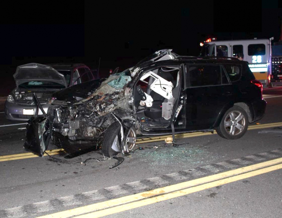 A 2-car traffic collision involving a horse took place Sunday night, February 28 at 8:30pm, on Highway 126 east of Center Street, Piru. CHP indicated a horse was running in the center lanes of the highway and had been hit. The horse was killed at the scene in the westbound lane. A black SUV and silver Toyota van were involved and came to rest in the eastbound lanes. One critical patient was extricated and transported by ambulance to Henry Mayo Newhall Hospital with major injuries; one patient received minor injuries. The highway was closed in both directions, with eastbound lanes opening at approximately 10:00pm, and all lanes opened by 10:30pm. No further information was available. Photos courtesy Angel Esquivel—AE News.