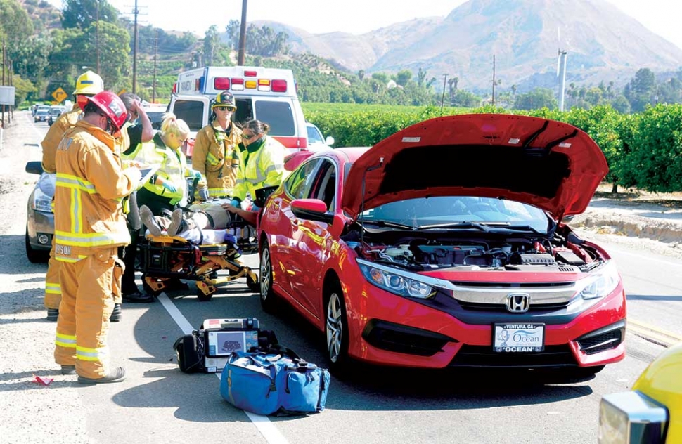 A rear-end collision between a Honda sedan and another vehicle occurred on Highway 33 and Bardsdale Ave., Tuesday. Vehicle damage was substantial and one person was transported to a local hospital by ambulance. The Ventura County Fire Department responded to the incident.