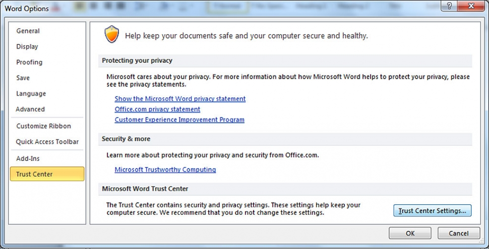 Open Office Application 2010 (Word or Excel), Go to File > Options, Go to Trust center and Trust center settings (over the right window). (See next step in next image below...)

