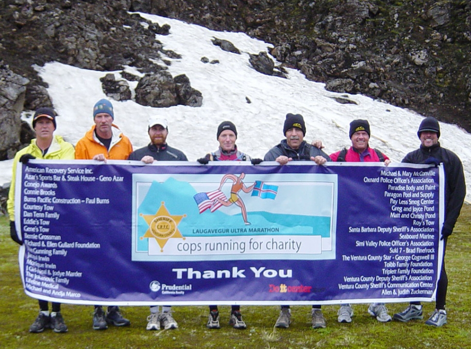 (L-r) Capt. Tim Hagel, Sgt. Frank Underlin, Sr. Deputy Peter Frank, Sgt. Joe Devorick, Capt. Randy Pentis, Sgt. Paul Higgason, and Capt. Dave Kenney ran for Ventura County Cops Running for Charity in Iceland, July 2008.