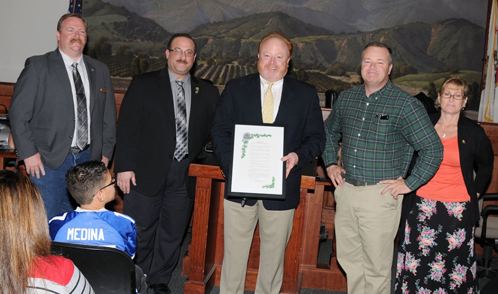 A Proclamation was presented to the Morris family for the Fillmore Area Transit Company’s (FATCO) 40 years of service to the community along with the many non-profits and sports events the family has sponsored over the years. Pictured (l-r) are Council Member Rick Neal, Mayor Douglas Tucker, Chappy Morris, Wm ‘Bill’ Morris, and Council Member Diane McCall.