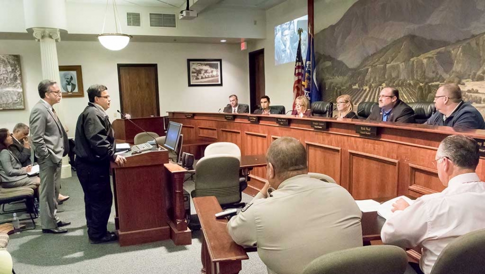 Caltrans District 7 Deputy District Director Ali F. Zaghari listens as Interim Fire Chief Bill Herrera addresses council concerning the proposed Highway 126 roundabouts. Photos by Bob Crum.