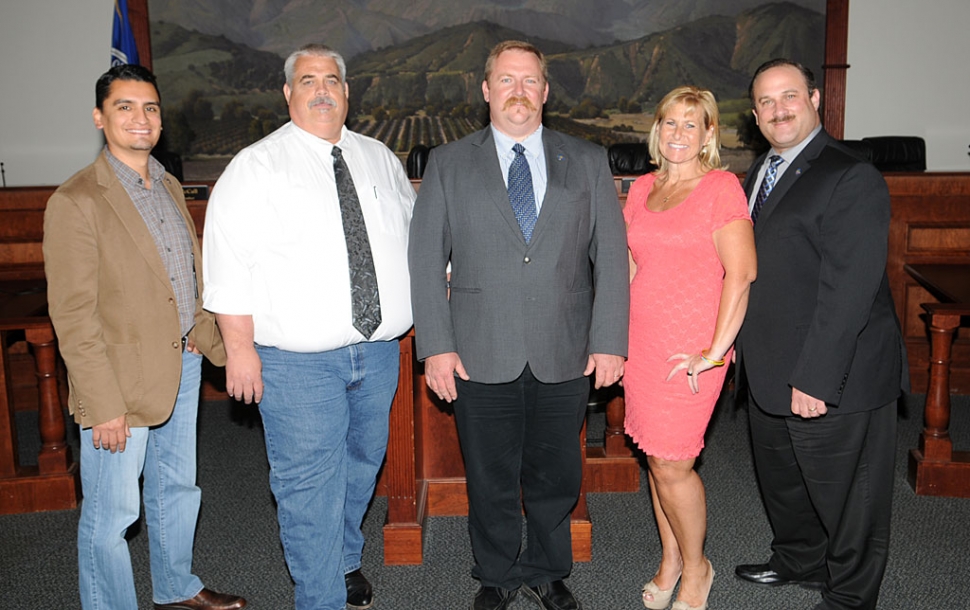 Fillmore’s “new” city council: Steve Conaway, second from left, has been appointed to the Fillmore City Council to fill the vacancy created by former Councilman Brian Sipes’ resignation. From the left: Mayor Pro-Tem Manuel “Manny” Minjares, Council member Steve Conaway, Mayor Rick Neal, Council members Diane McCall, and Doug Tucker. Since November’s election the city council has experienced a remarkable transition, carrying with it truly high expectations of progress.