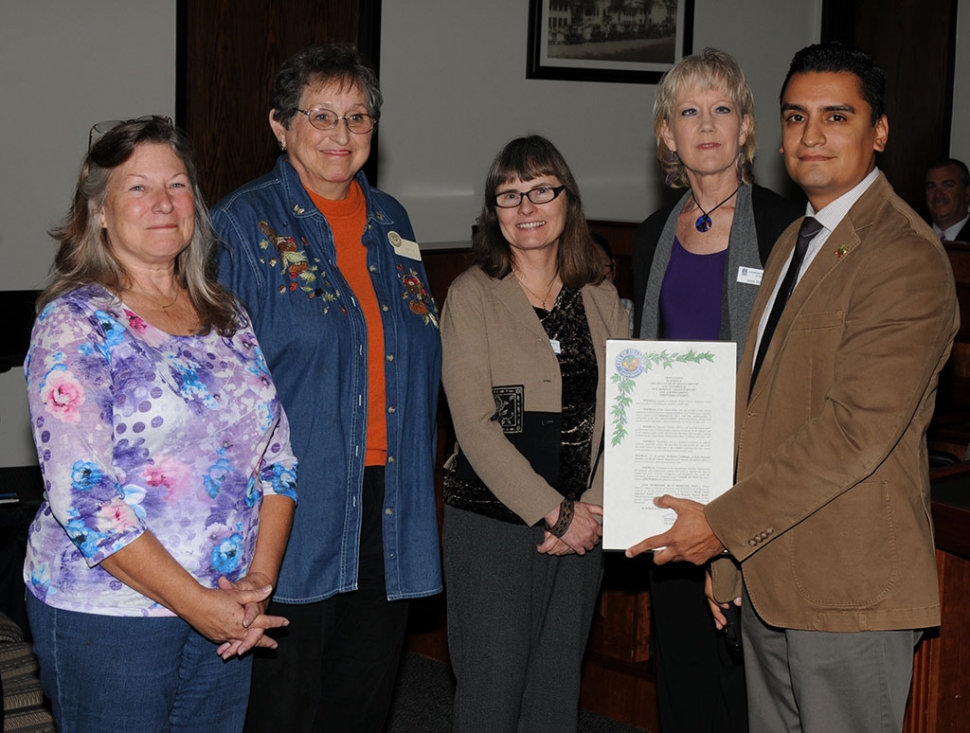 A Proclamation was presented by Mayor Manuel Minjares at Council for the effort of the Soroptomists Club recognition of October Breast Cancer Awareness Month, and November Domestic Violence Awareness Month. Receiving the Proclamation was (l-r) Patti Walker, Betty Carpenter, Kathy Krushell, and President Jane David.