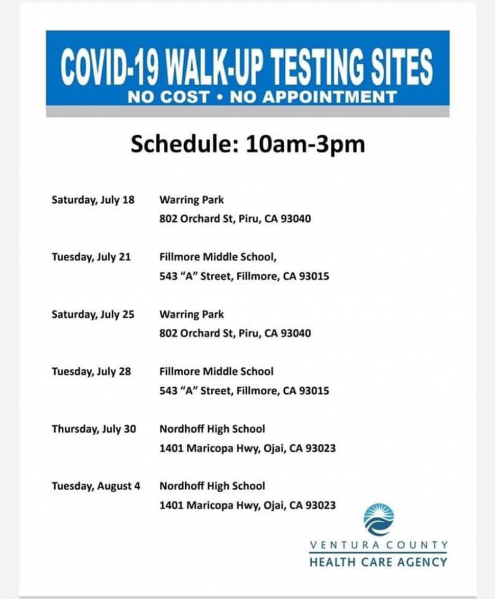 The Ventura County Healthcare Agency will be holding COVID-19 walk-up testing sites in Fillmore and Piru requiring no fee or appointment. Please see the above flyer for dates, times and locations. Courtesy City of Fillmore.