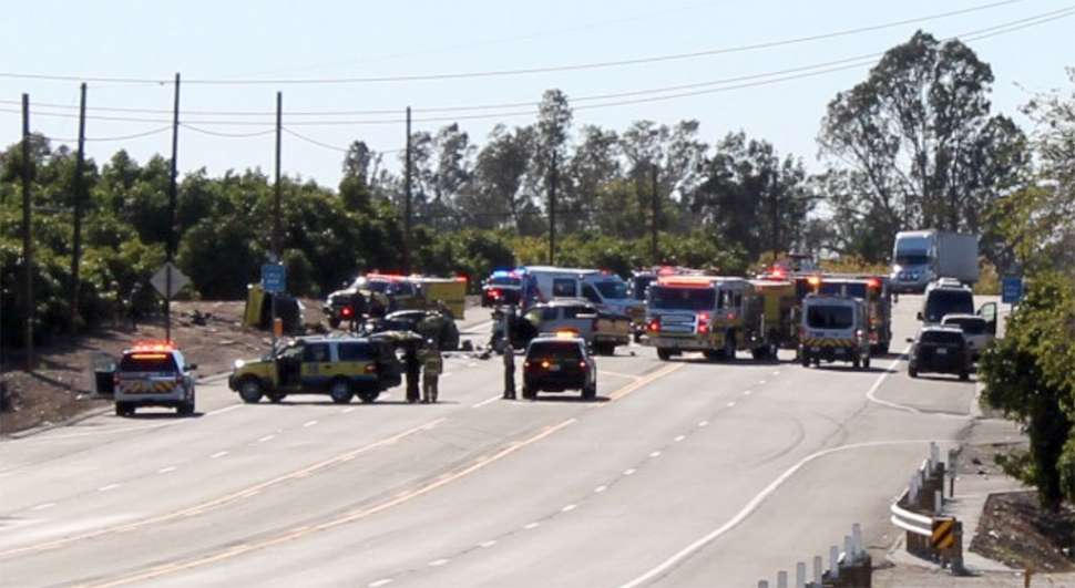 On Sunday, February 21st at 2:36pm, a head-on collision occurred at East Pyle Road and Highway 126, killing two. A 2013 BMW Sedan, driven by Eric Anthony Carrillo, 27, of Oxnard, was traveling westbound when Carrillo crossed the double yellow line into eastbound traffic, impacting head-on into a 2008 Smart Fortwo, driven by Susanna Angeles, 34, of Fowler. Both were declared dead at the scene and required extrication. Three other people were injured, one critically; a 25-year-old Fresno man in the passenger seat was thrown from the Smart car. He was transported by ambulance to VC Medical Center. The BMW then continued westbound in the eastbound lanes and hit a third car head-on; a 2008 Chevrolet Avalanche pickup truck that had been traveling eastbound directly behind Angeles’ car. A 62-year-old Santa Clarita woman driving the Avalanche and her passenger, a 57-year old man from Acton, were treated at the scene for minor injuries. All five were wearing seatbelts. Highway 126 was closed in both directions, reopening by 9:30pm. Cause of the crash is under investigation. Photos Courtesy Angel Esquivel—AE News.