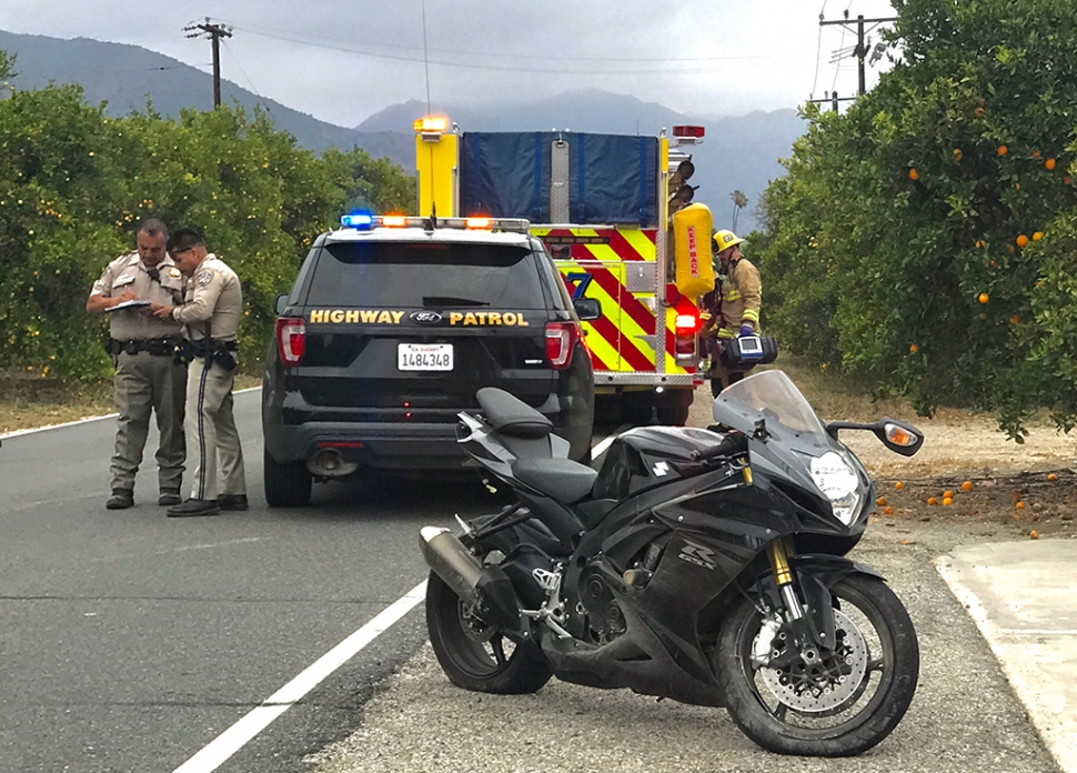 On May 28, 2022, at 10:00am, California Highway Patrol, Ventura County Fire Department and AMR Paramedics were dispatched to a reported solo motorcycle accident in the 1000 block of Grand Avenue, Fillmore. Arriving fire crews reported two patients; a female patient was being treated by paramedics for rash injuries and was taken to Ventura County Medical
Center by ambulance. The second patient suffered minor injuries. Photo credit Angel Esquivel--AE News.