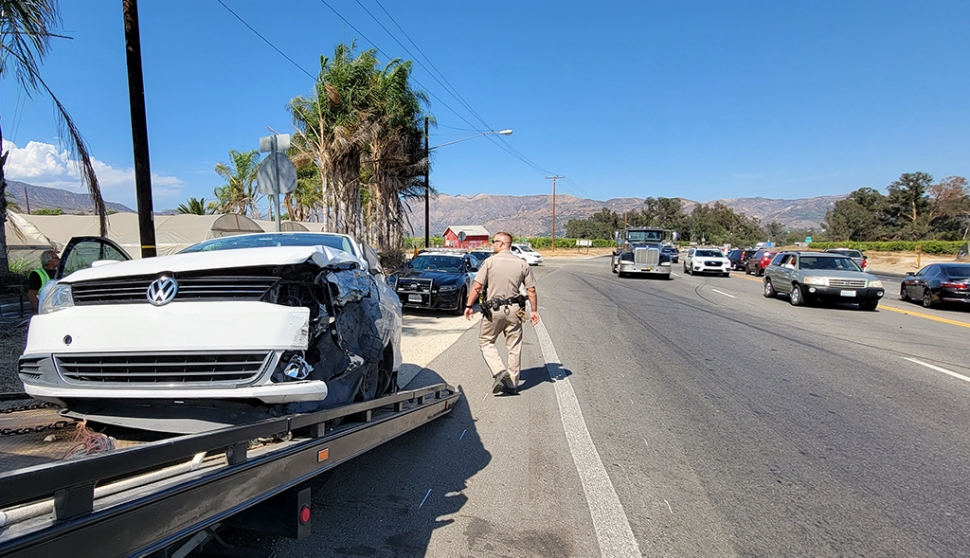 On Thursday, August 25th at 3:45pm, California Highway Patrol responded to a crash at Old Telegraph and Highway 126 slowing down traffic traveling in the west bound lane. Pictured is a white Volkswagen being towed away from the scene. There were no
serious injuries reported at the time of the crash, which is still under investigation.