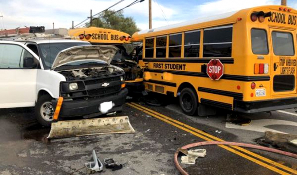 On Tuesday, December 10th at 2:37pm, a traffic collision occurred involving a Chevrolet Express van and two Thomas school buses on Telegraph Road east of Cummings Road. (Photos courtesy Ventura County Fire PIO)