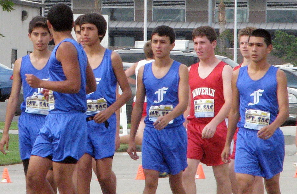 At the Mt. Sac Invitational, the sophomore boys took first place. Pictured (l-r) Vincent Chavez, Eddie Baez (back), David Enriquez (not looking), Isaac Gomez, Jose Almaguer and Sammy Martinez.