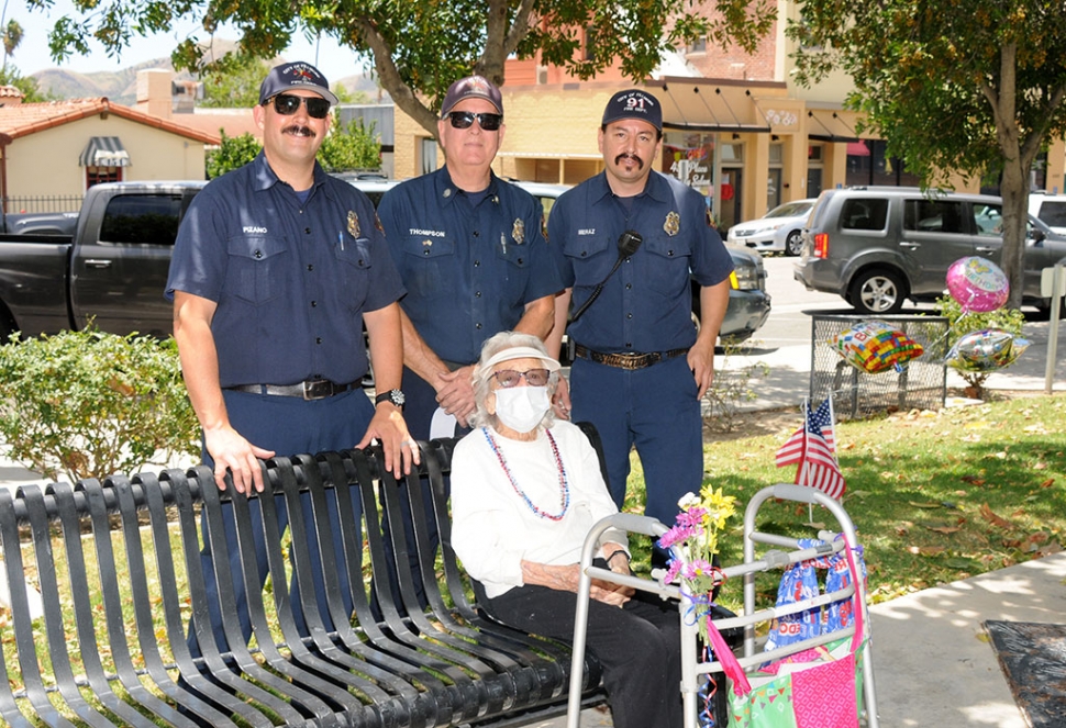 On June 8th Fillmore celebrated Florine Data’s 103rd birthday in front of City Hall. Pictured above is Florine with some of the Fillmore Firefighters who came out to celebrate with her.