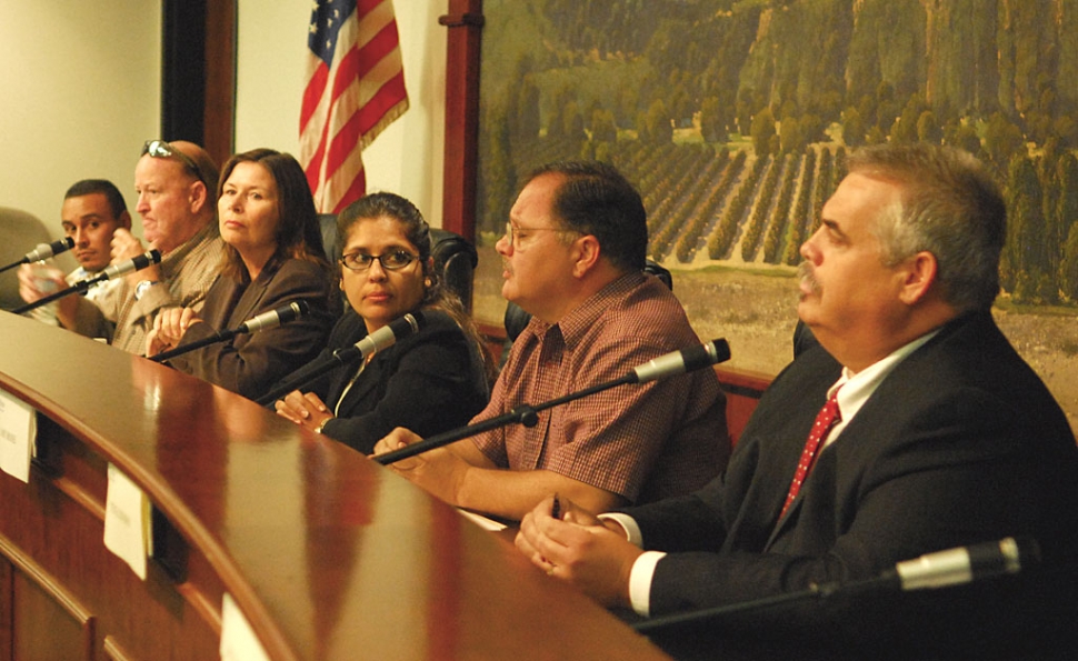 Royce Davis and Marcoz Hernandez were the only no-shows at Tuesday’s Fillmore Chamber of Commerce candidate forum. The event was broadcast on Channel 10. From left, council candidates Omero Martinez, Norris Pennington, Gayle Washburn, Councilmember Cecilia Cuevas, Jamey Brooks, and Mayor Steve Conaway.