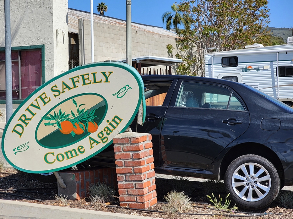 On Tuesday, March 14th at 1:15pm, on Central Avenue at Highway 126, the driver of a black four-door Honda crashed into the “Welcome to Fillmore” and “Drive Safely-Come Again” sign. The car sustained moderate front end damages; no injuries were reported at the time of the incident. Cause of the crash is under investigation.