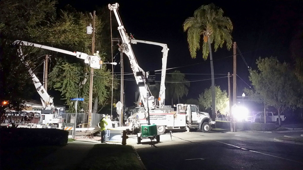 On Sunday night into early Monday morning of August 31st, at the corner of Orchard and First Street, workers blocked the roads and shut off power while they replaced the powers lines. There were multiple cranes and a drill all working together to complete the project. 