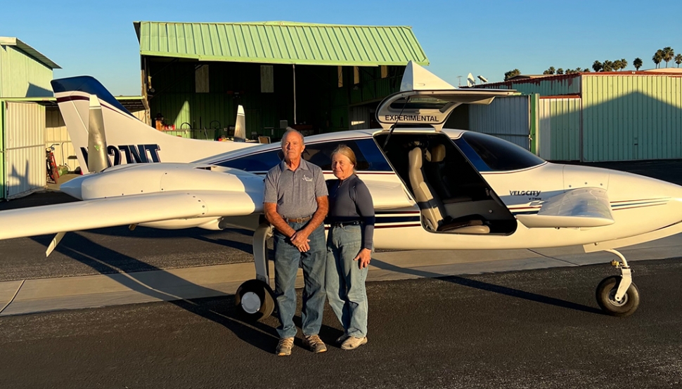 Barbara and Dale next to their Velocity V-Twin engine plane at Oxnard Airport. Photo courtesy Barbara Filkins.