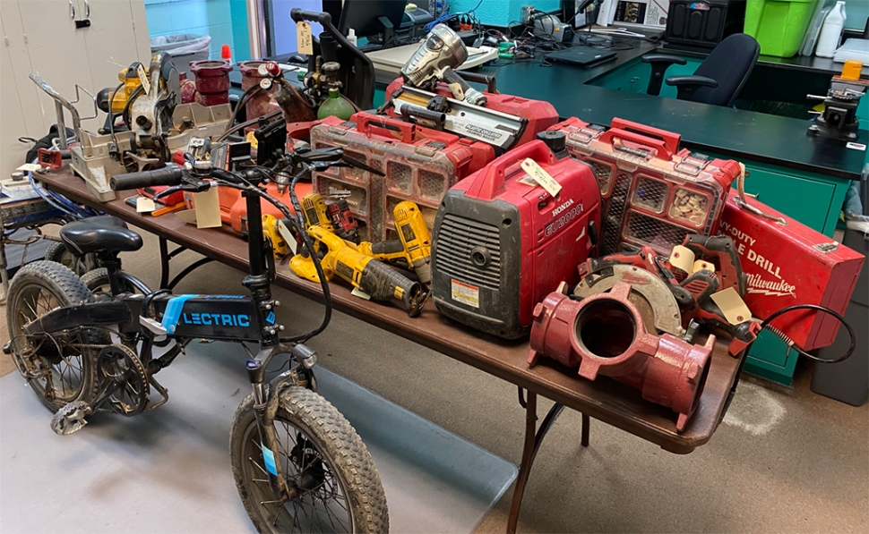 Pictured above is theft evidence collected during a search of the Santa Clara River homeless encampment in Fillmore. Nine people were arrested on various charges including drug possession, possessing stolen property and possession of a deadly weapon. Photo credit Ventura County Sherriff’s Department.