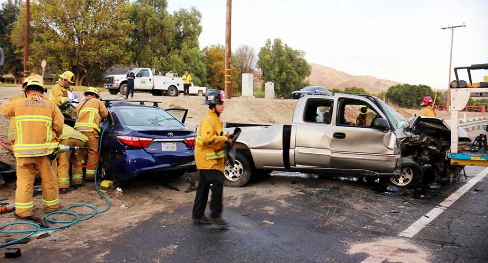 On Wednesday, January 24th at approximately 4:30pm a fatal accident occurred on (SR) 126 East Telegraph Road near Rancho Camulos involving a tan Chevy Silverado that crashed head on with a blue Toyota Camry. One patient was transported by AMR to Henry Mayo Newhall Hospital with major injuries, while another was airlifted to Los Robles Hospital & Medical Center for treatment. They died the next day. A female passenger received fatal injuries at the scene. Photos courtesy Sebastian Ramirez.