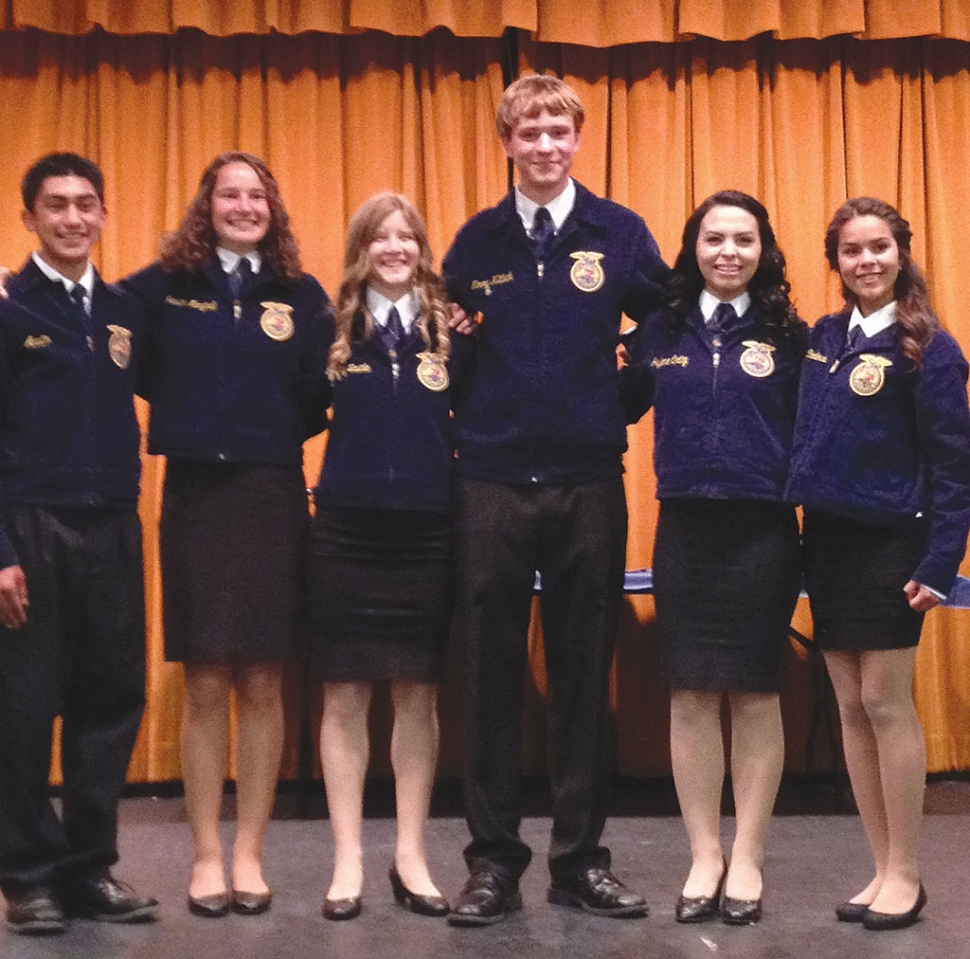 The 2013-2014 new Fillmore FFA officer team, left to right Chris Berrington, Jessica Manginelli, Felicity
Zavala, Timmy Klittich, Jaylene Ortiz and Teresa Cardenas.