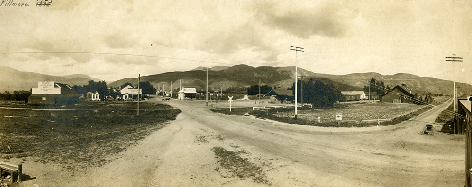 Central Avenue in 1907 before Pepper trees were planted. By 1908 Central Avenue had Pepper trees along both sides of the street. In 1914 the street was repaved and by 1917 the city discovered the tree roots rising and cracking the sidewalks and street. Photos courtesy Fillmore Historical Museum.