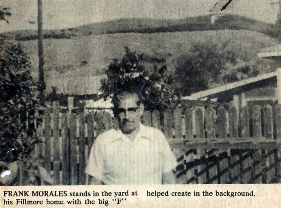 A clipping of Frank Morales in 1980 with Fillmore's F in background. 