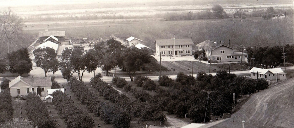 Rancho Sespe Headquarters with Bunkhouse #2 facing north and Bunkhouse #1 facing east, circa 1925. 