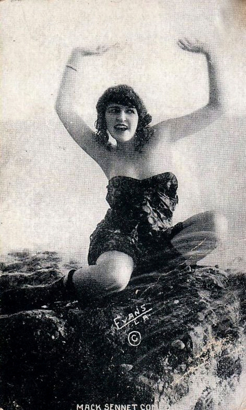 Mack Sennett Postcard - suggested caption: Beginning in 1915, Mack Sennett assembled a bevy of women known as the Sennett Bathing Beauties to appear in provocative bathing costumes in comedy short subjects, in promotional material, and in promotional events such as Venice Beach beauty contests. The Sennett Bathing Beauties continued to appear through 1928.