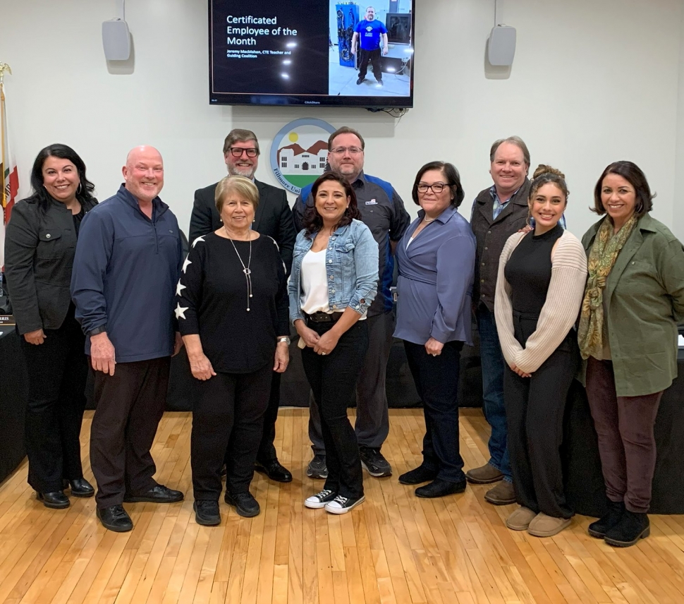 Fillmore High School Principal Keith Derrick and Fillmore High staff presented an update on the success of 2023-2024 school year programs, activities, and initiatives. Classified Employee of the Month Rupa Torres, and Certificated Employee of the Month Jeremy MacMahon, both were recognized for their excellent work contributing to the success of Fillmore High students. Courtesy https://www.blog.fillmoreusd.org/fillmore-unified-school-district-blog/2024/1/19/fillmore-highs-successful-programs-presented-at-school-board-meeting.