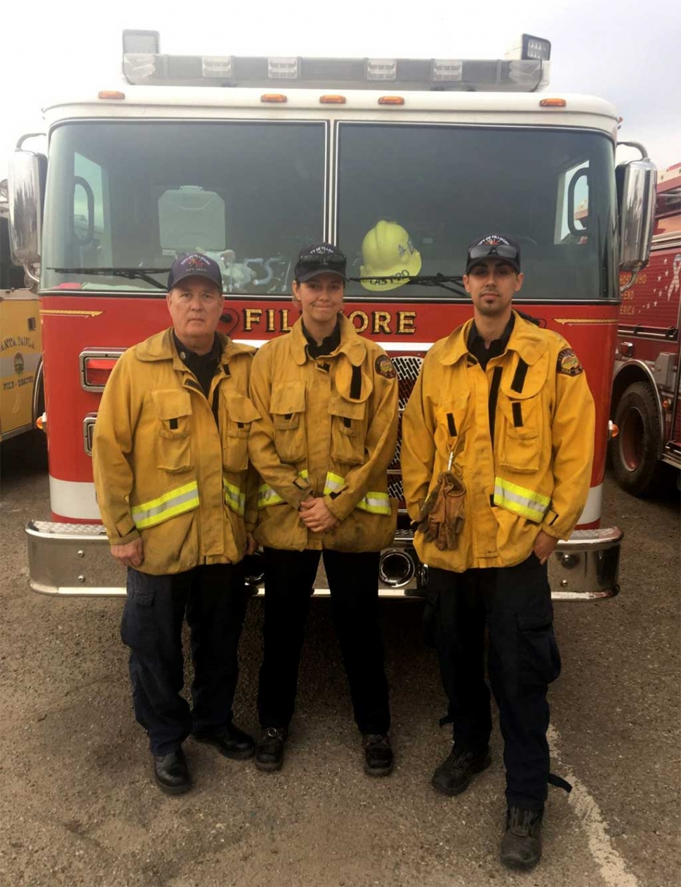 (l-r) Captain Bob Thompson, fire fighters Claire Morgan and Jordan Castro of the Fillmore Fire Department. The team spent 8 day together working on rescue efforts looking for victims as well as searching through debris, houses and the beach as part of a mixed strike team combined with other fire departments.