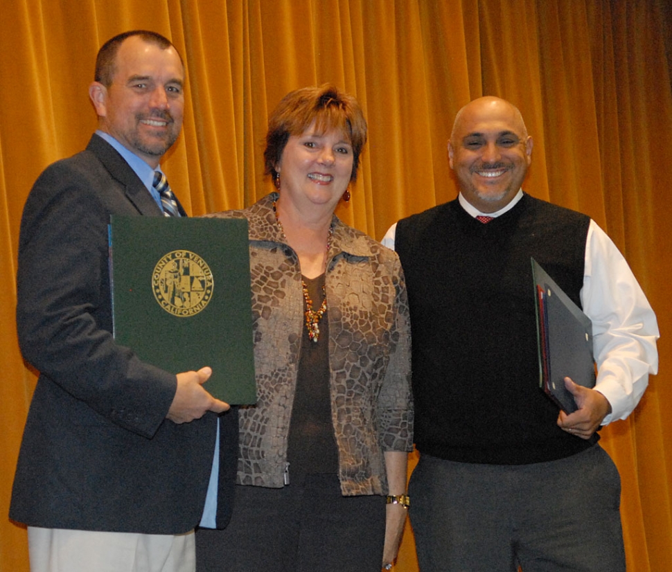 At Sunday night’s football dinner several dignitaries honored both Santa Paula and Fillmore teams for the 100th game being played on November 12th. This game is one of the longest rivalries in Southern California. Above: Fillmore High School Principal John Wilber, County Supervisor Kathy Long, and Santa Paula Principal Paul Marietti. Supervisor Long also presented both principals with a proclamation.