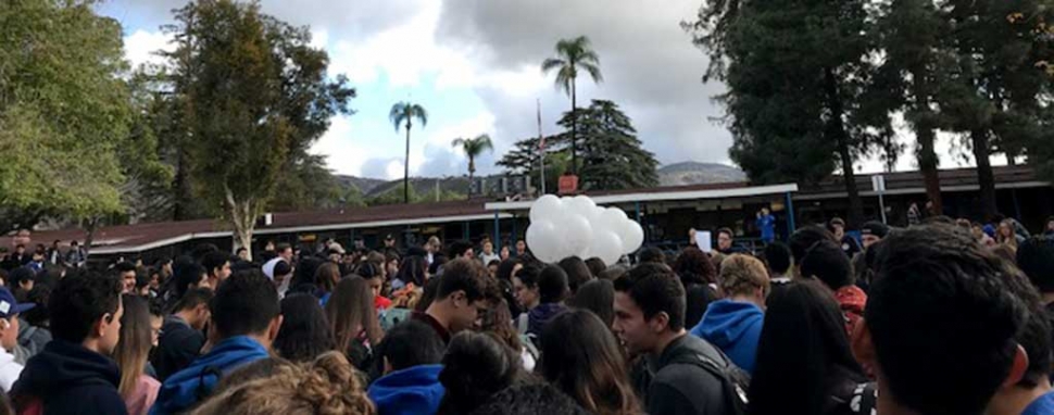 On Friday, March 15th Fillmore High School students gathered in the quad for the student walkout in honor of the Florida school shooting victims. The students stood silent for 15 minutes, as they released balloons to honor those victims. Photo courtesy Katrionna Furness.