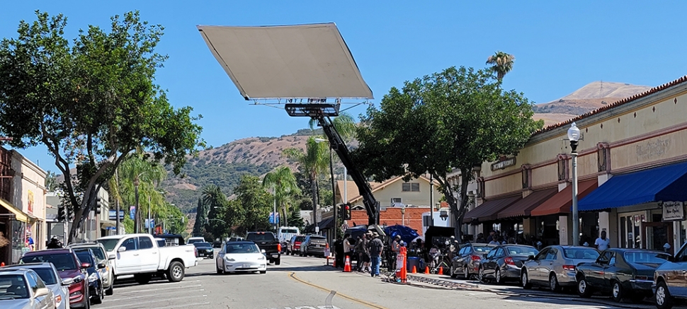 On Wednesday, June 30th at 8:30am, at Sespe and Central Avenue, film crews were swarming to set up filming along Central Avenue. Equipment trucks, along with Fillmore Police and Fire personnel, could be seen along Sespe Avenue, while film crews were around the corner setting up a giant lighting modifier to hang over the street.